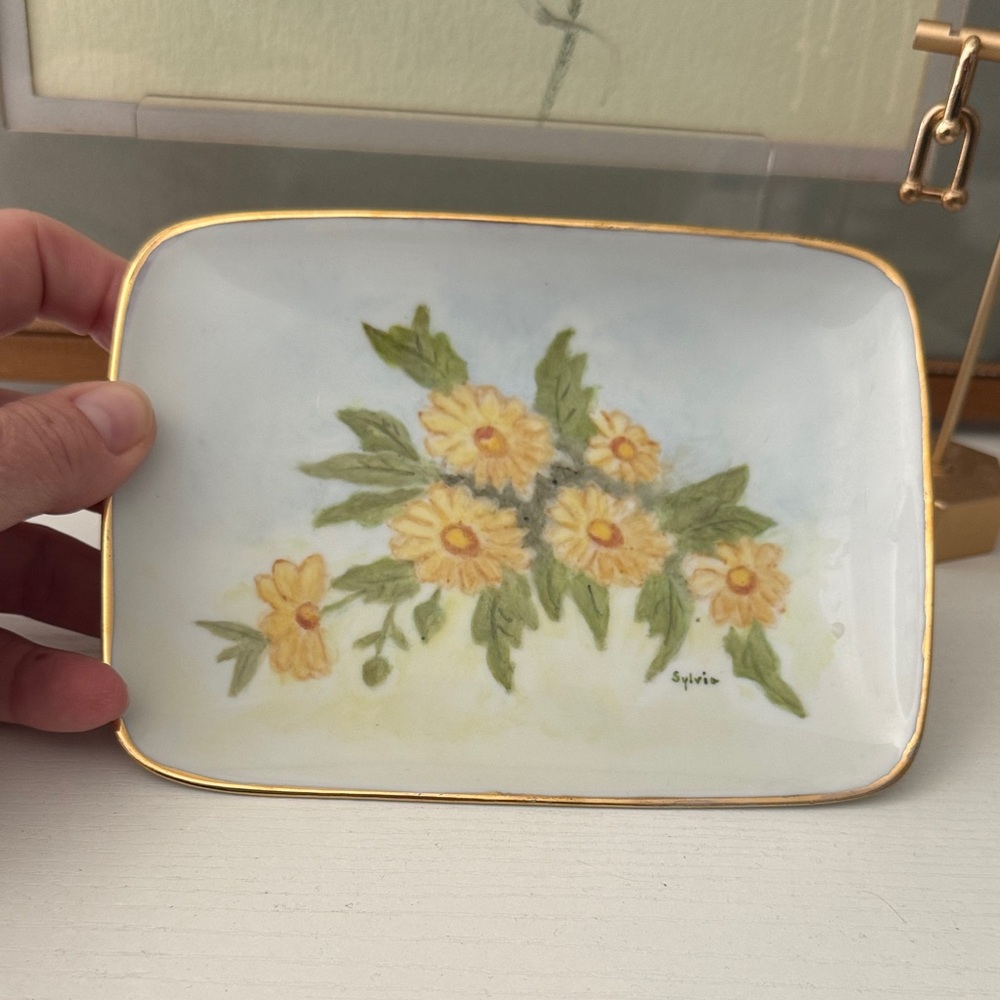 Limoges Yellow Flower Jewelry Tray with Gold Ribbon Edge Vintage Piece No Chips